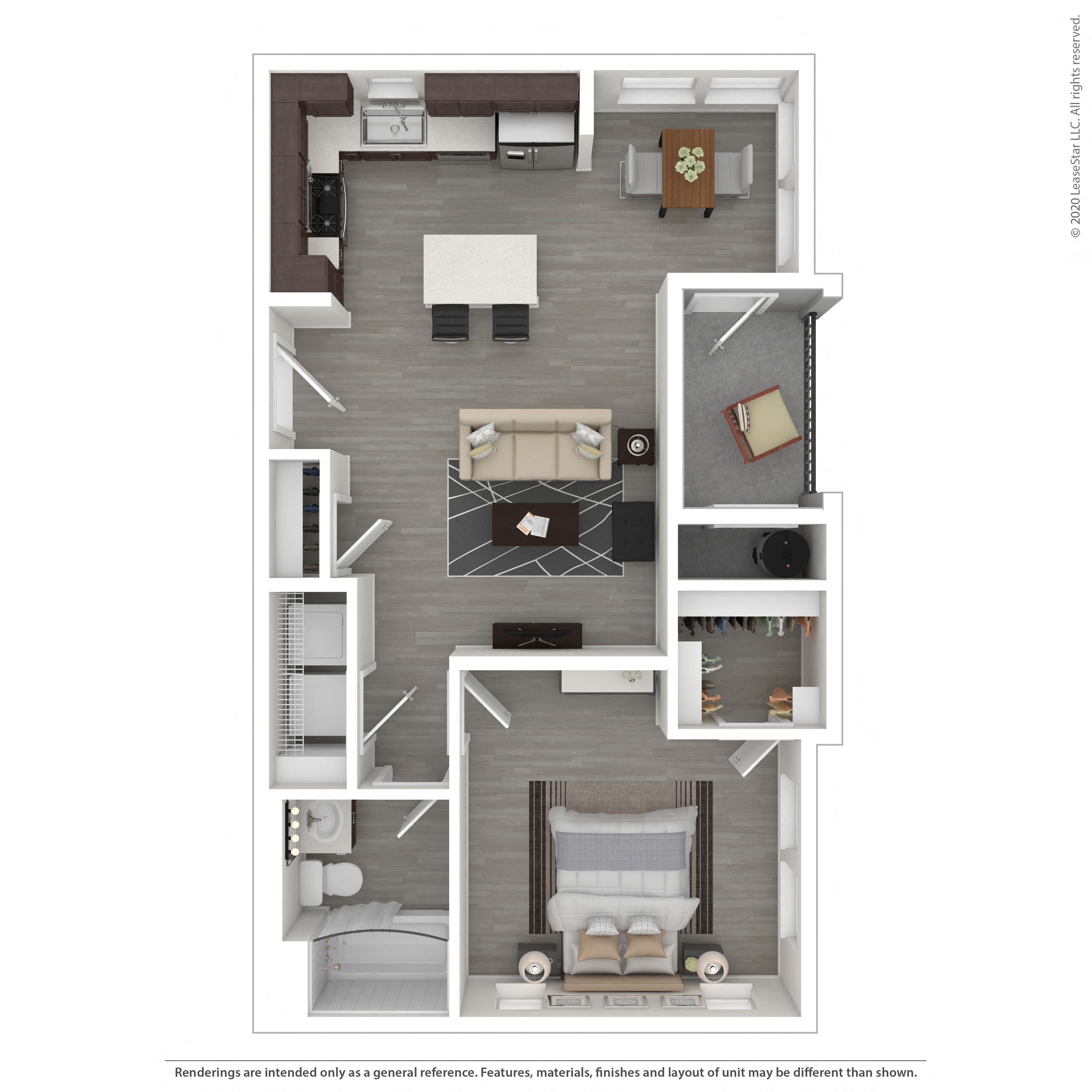 Floor plan for 1 bed, 1 bath, 723 sqft